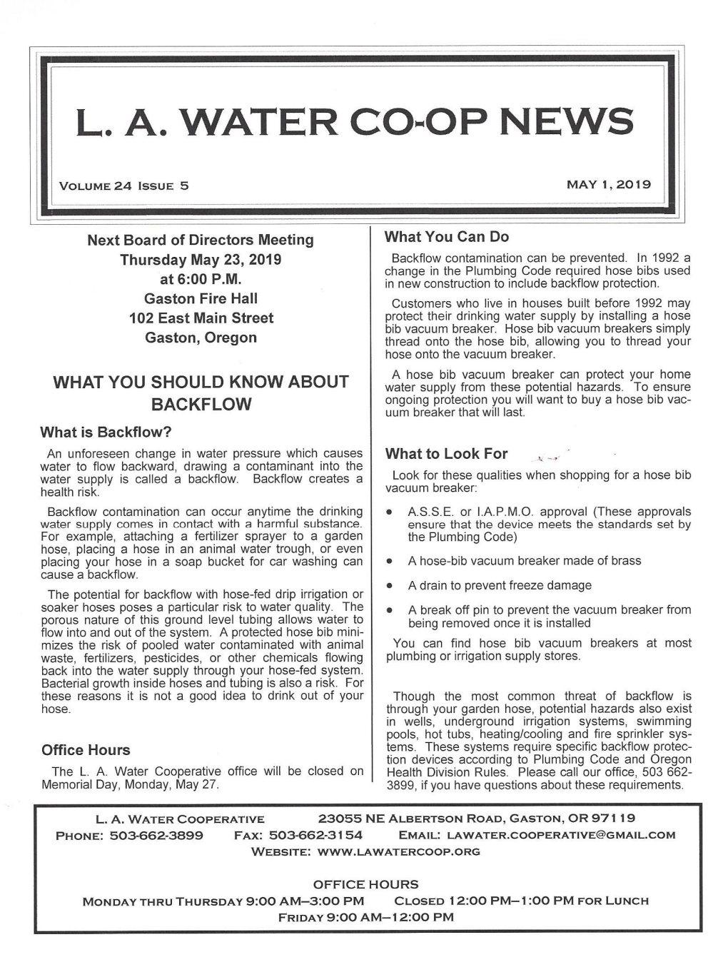 L. A. WATER COOPERATIVE Serving the rural Gaston community since 1968